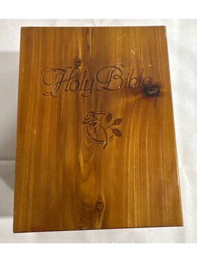 Vintage Holy Bible In Wooden Keepsake Box With Engraved Design And Velvet Lining